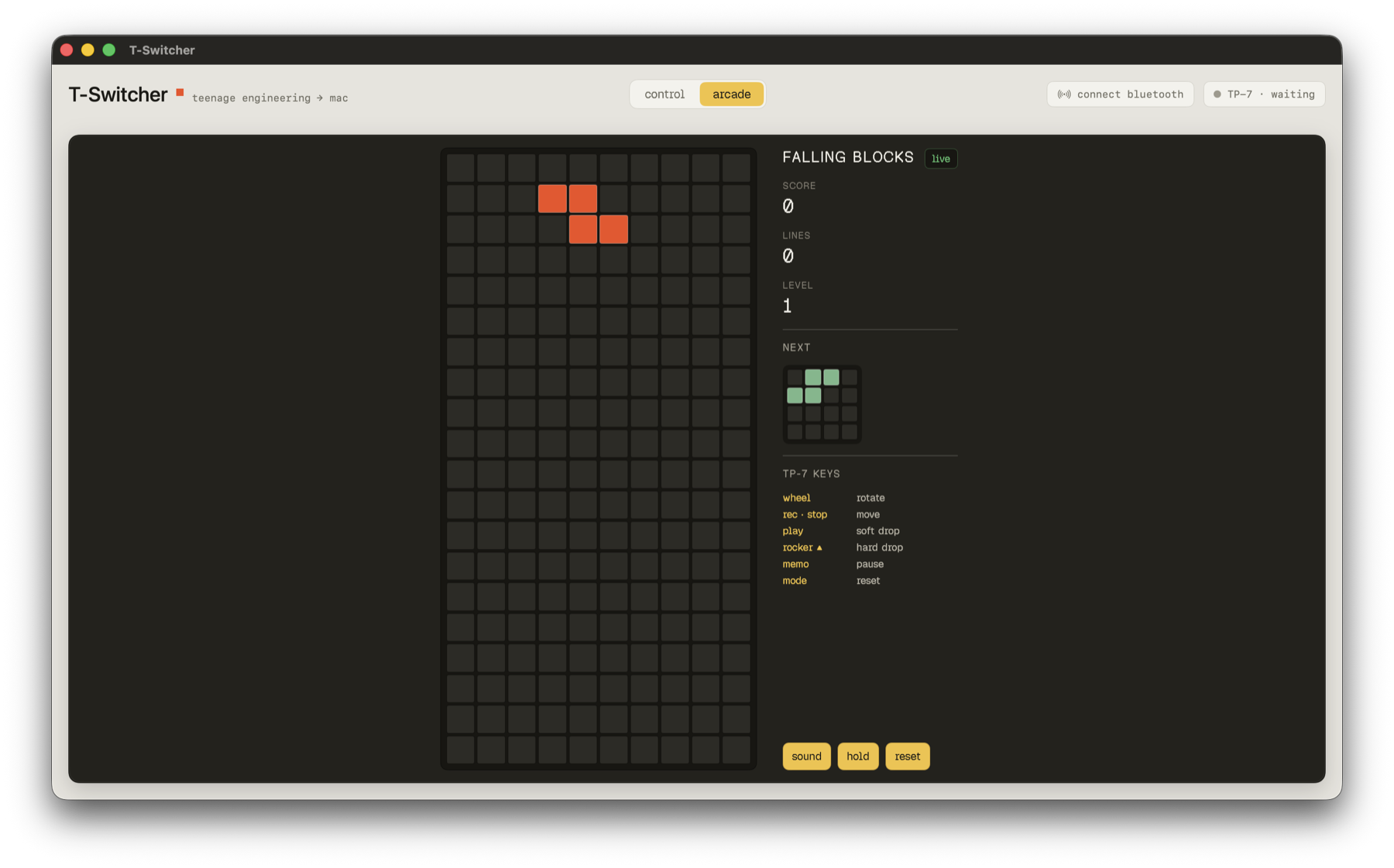 arcade mode: falling blocks driven by the TP-7