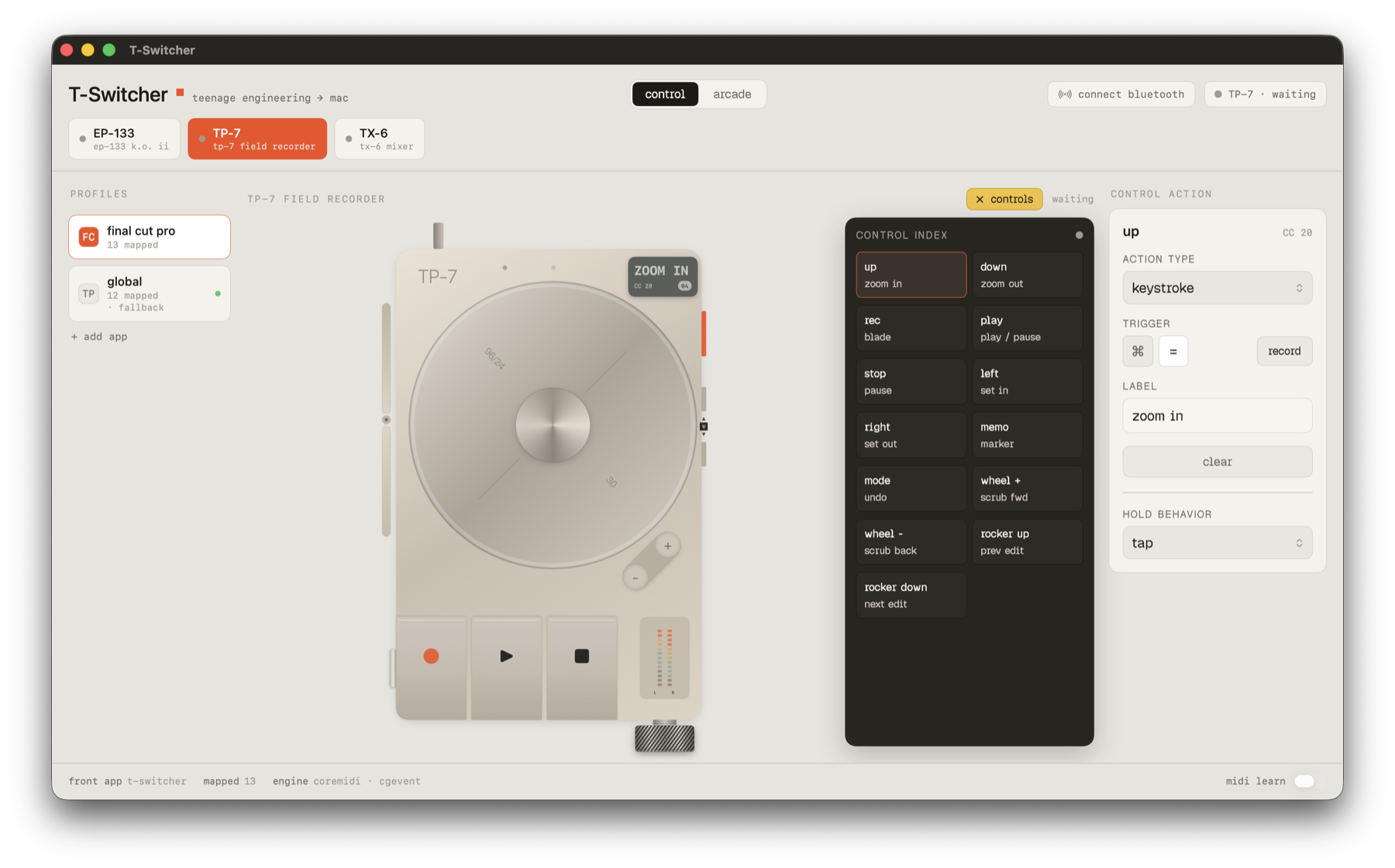 t-switcher control mode: the TP-7 face, control index and action inspector