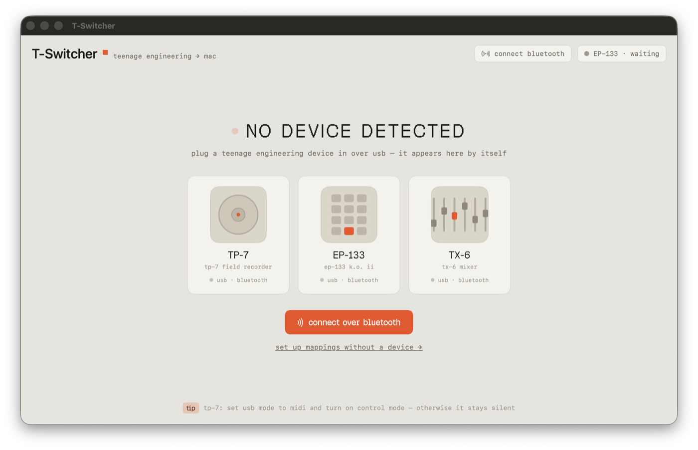 the welcome screen while no device is connected